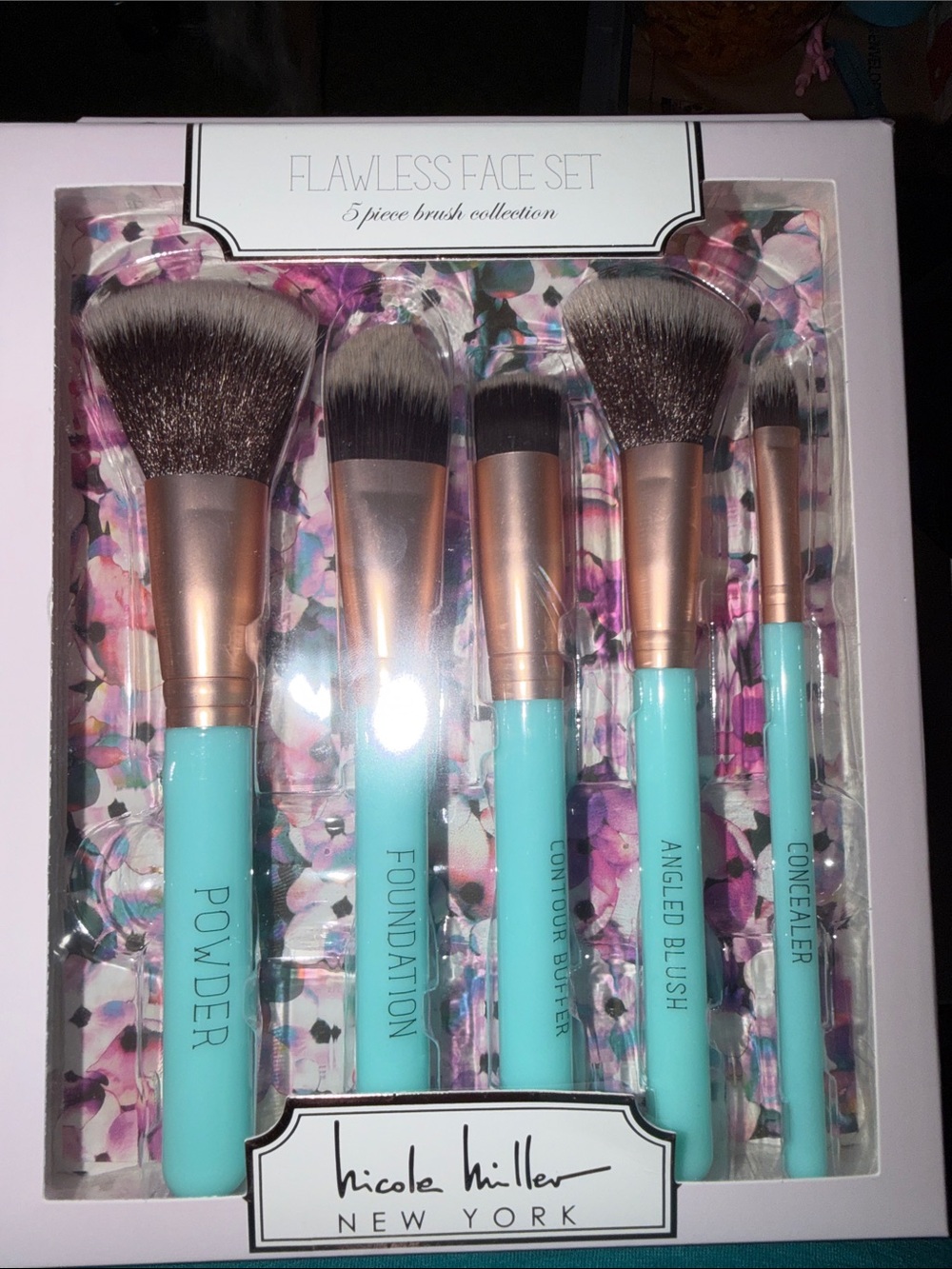 Nicole Miller Aqua and Gold 5-Piece Face Brush Set